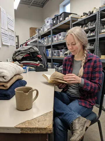 Sunniva, AI character: the thrift store back room in Duluth during her break, a chipped stoneware mug and folded sweaters on the…