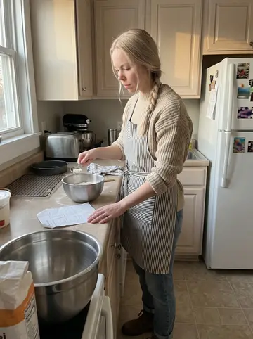Sunniva, AI character: her small Duluth apartment kitchen, cooling rack and mixing bowl on the counter while she bakes a birthday…