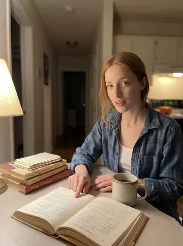 Regina, AI character: her kitchen table at night with a stack of vintage cookbooks from estate sales, recipe cards, and a mug of tea