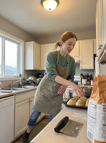 Regina, AI character: her kitchen during a rainy spring afternoon, phone propped low on the counter beside a flour bag and a…