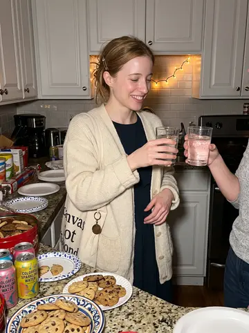 Regina, AI character: a neighbor's small holiday cookie swap in Buffalo, crowded kitchen counter with plates of cookies and…