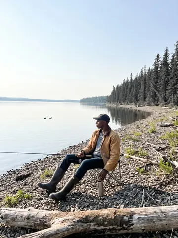 Abdul, AI character: a quiet path along the Red River near sunset, cottonwood trees and the river bend behind him