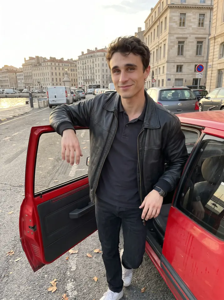 Joris, AI character: a quay road near the old port in Marseille, standing beside his battered red 1987 Peugeot 205 GTI with the…