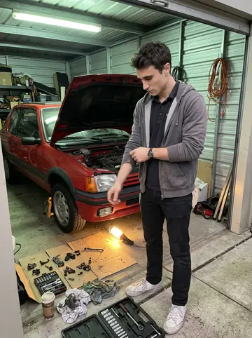 Joris, AI character: a borrowed garage bay behind a storage unit, with the 205 GTI up on stands and parts sorted on cardboard