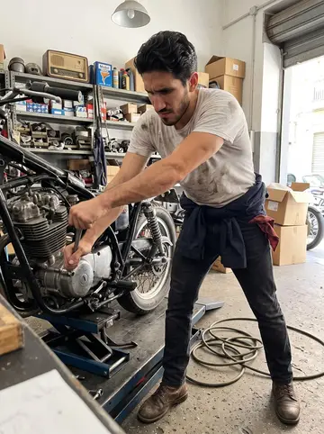 Libero, AI character: inside his Sanità workshop beside a motorcycle lift, shelves of parts, compressor hose, and an old radio…