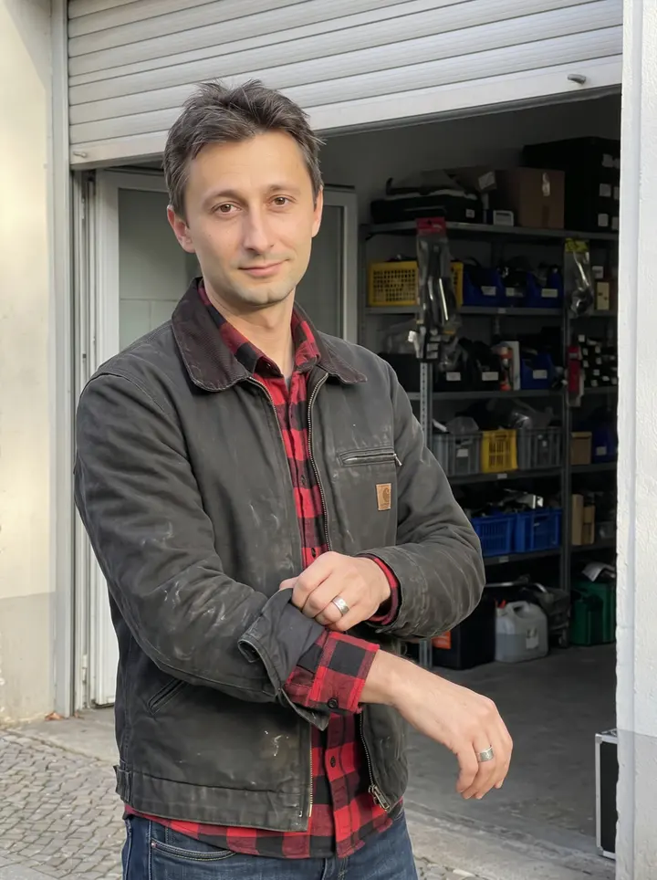 Hryhoriy, AI character: outside his motorcycle parts shop in Neukölln, half-open garage door behind him and stacked parts shelves…