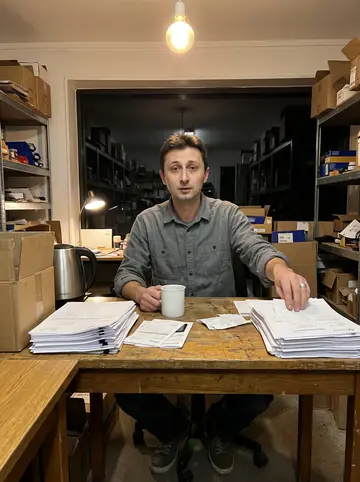 Hryhoriy, AI character: small back room of the Neukölln parts shop after closing, invoices, cardboard boxes and a kettle on a…