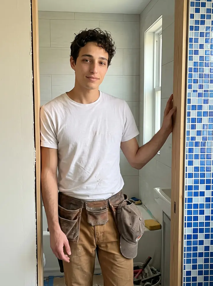 Enrico, AI character: a finished South Boston bathroom job, standing in the doorway beside a new blue-and-white mosaic tile wall
