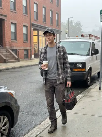 Enrico, AI character: a quiet Boston side street at 7 a