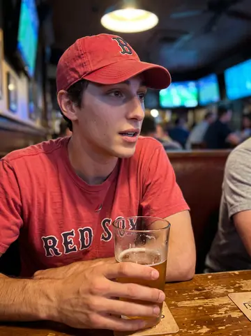 Enrico, AI character: a crowded Boston corner pub with a Red Sox game playing silently on the TVs