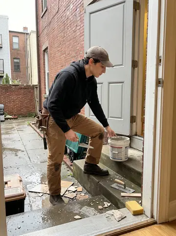 Enrico, AI character: the shared back steps of his Boston apartment building after rain, fixing a loose outdoor tile by the…