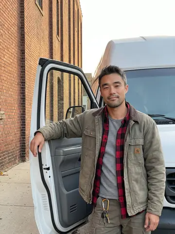 Caleb, AI character: a Milwaukee side street lined with old brick warehouses, his white work van parked behind him with the…