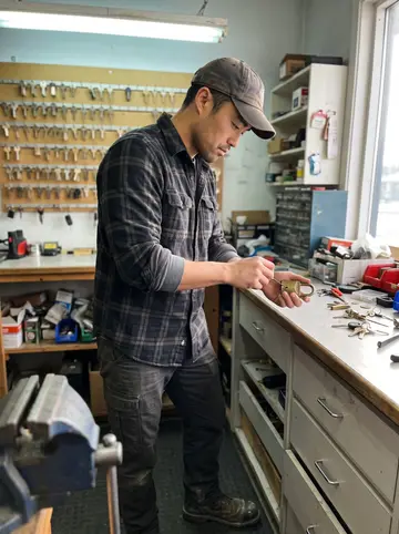 Caleb, AI character: the back workbench of the old family lock and safe shop, with key blanks on pegboard behind him and a…
