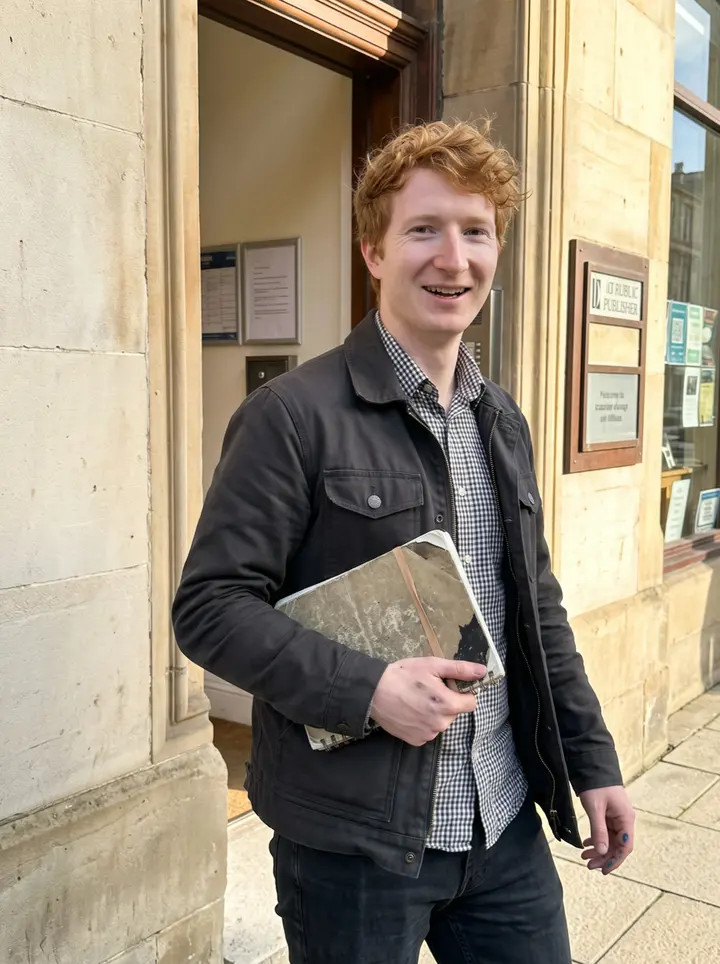 Michel, AI character: outside a small Glasgow publisher's office near a sandstone doorway, his battered sketchbook tucked under…