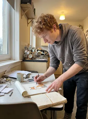 Michel, AI character: his small Glasgow flat, at a cramped kitchen table covered with watercolor paper, pencil stubs, tea mugs…