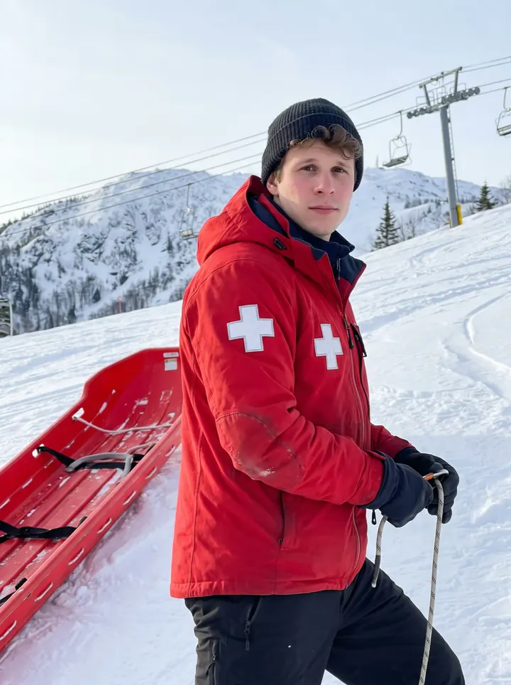 Loïc, AI character: Mont-Tremblant ridge beside a red rescue toboggan near the chairlift, clear cold morning with ski tracks…