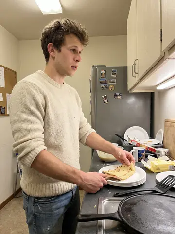 Loïc, AI character: small patrol room kitchen on a Sunday night, cast-iron billig on the counter and paper plates stacked…