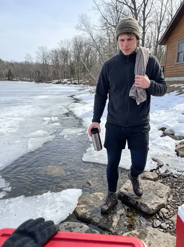 Loïc, AI character: half-frozen lake behind his rented cabin in early spring, phone propped on a cooler near the shore