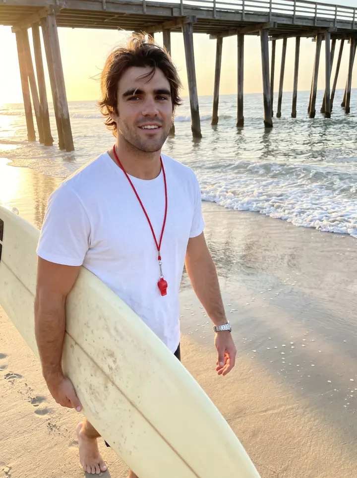Bodhi, AI character: the sand beside the Imperial Beach pier at sunset, a worn longboard under his arm, wet sand and small…