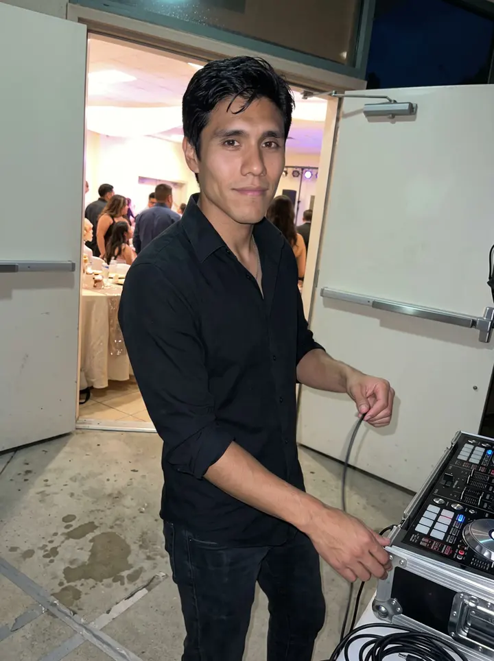 Yahir, AI character: outside a Pasadena quinceañera hall just before his DJ set, warm evening pavement and the open banquet…