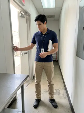 Yahir, AI character: back corridor of a small Houston restaurant during a daytime fire inspection, exit door and breaker panel…