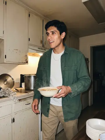 Yahir, AI character: fire station kitchen in December, big stock pot on the counter and paper bowls stacked near the sink