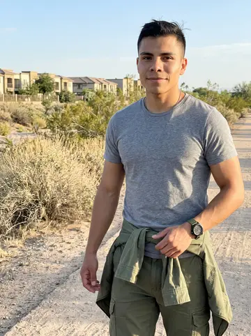 Walter, AI character: a dry riverbed trail in Phoenix just after sunrise, pale desert brush and low apartment blocks behind him