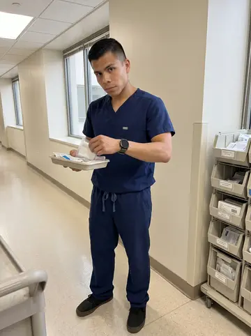 Walter, AI character: a plain hospital supply hallway near the ER in Phoenix, neutral walls and stacked medical bins without…