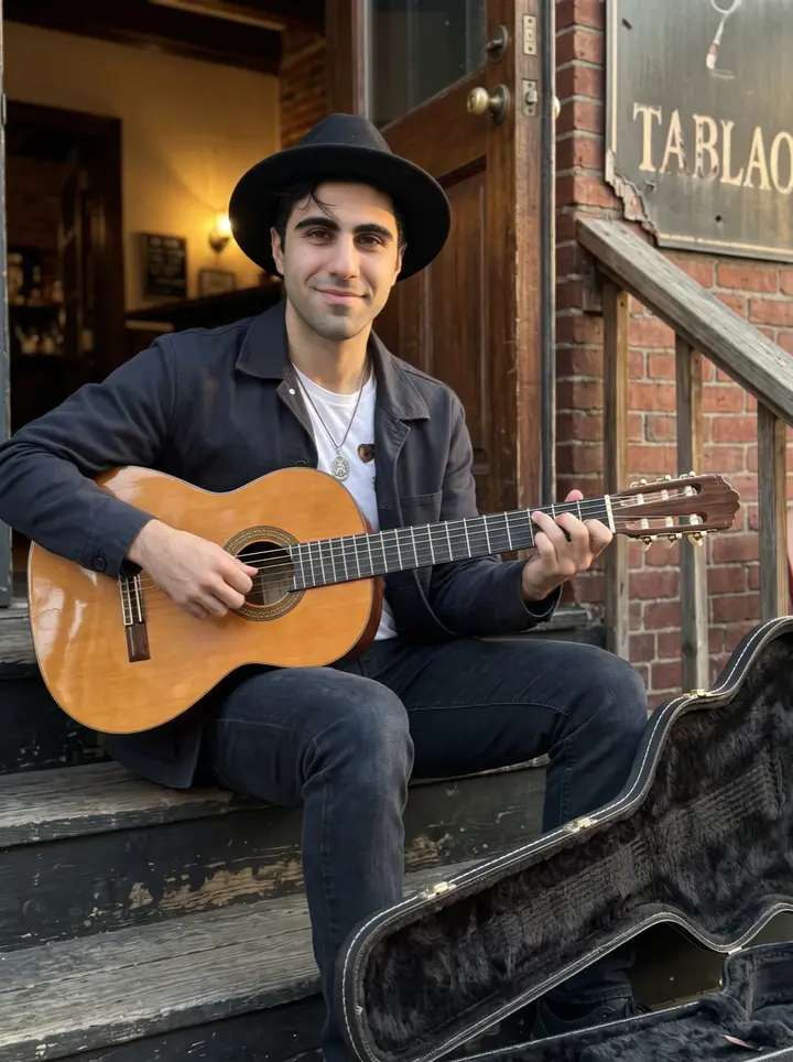 Adrián, AI character: the back steps outside a small Boston tablao before the evening set, guitar case open beside him