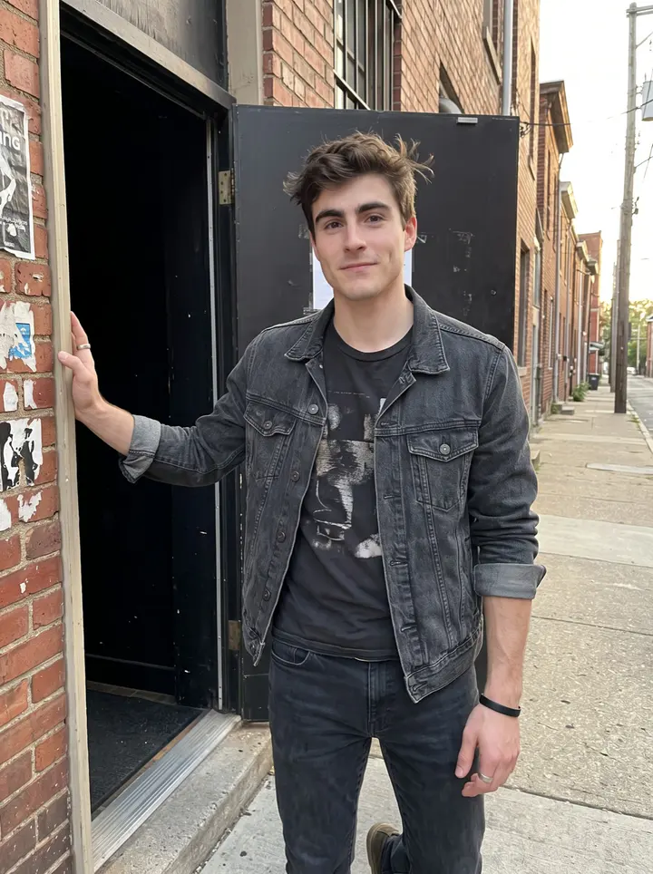 Ray, AI character: outside a small Pittsburgh basement venue before soundcheck, standing in the open side doorway with brick…