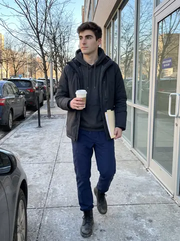 Ray, AI character: sidewalk outside a Pittsburgh medical office building after a review meeting, glass doors and bare trees…
