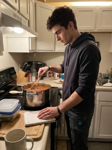Ray, AI character: his quiet Pittsburgh apartment kitchen on chili Sunday, stockpot on the stove and freezer containers lined…