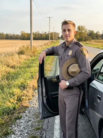 Harrison, AI character: a quiet county road turnout outside Zanesville, leaning on the open door of his patrol cruiser