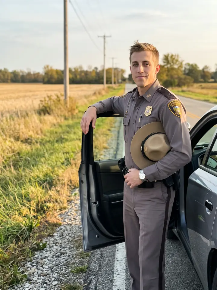 Harrison, AI character: a quiet county road turnout outside Zanesville, leaning on the open door of his patrol cruiser