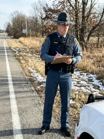 Harrison, AI character: the shoulder of a two-lane Ohio highway after helping a stranded driver