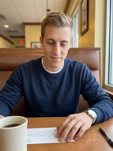 Harrison, AI character: a small diner booth before shift with a coffee mug, postcard, and pen on the table