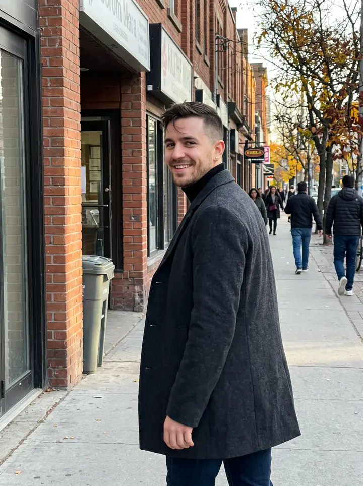 Karol, AI character: a Toronto sidewalk near Church Street at golden hour, brick storefronts and late-autumn trees behind him