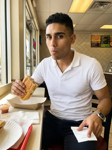 Osmany, AI character: a small Cuban sandwich counter in Hialeah at lunch, sitting at a narrow table with a pressed sandwich cut…