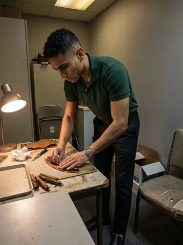 Osmany, AI character: the shop back room after closing, phone propped on a shelf while he tries hand-rolling an imperfect cigar…