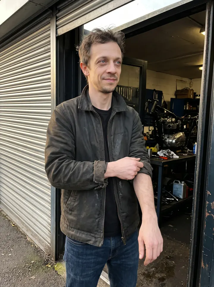 Dion, AI character: outside his Belfast motorcycle repair shop at closing time, the shutter half down and a rebuilt Triumph…