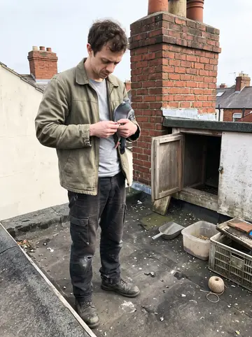 Dion, AI character: the flat roof above the building, beside a small pigeon loft and Belfast brick chimneys