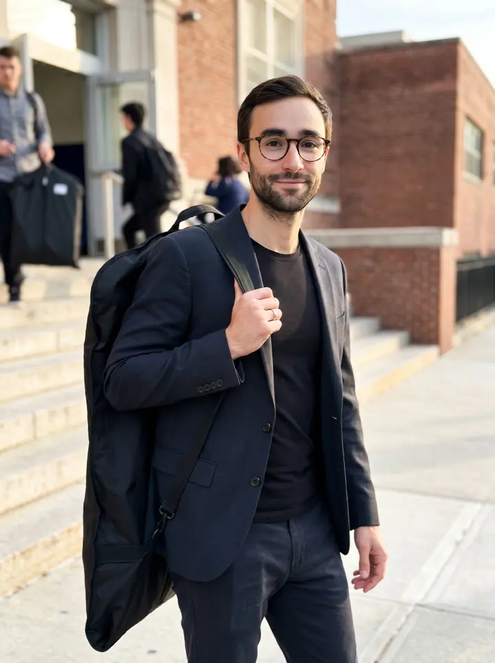 Anis, AI character: outside a Brooklyn school gym after an amateur Latin ballroom competition, on the sunlit steps with people…