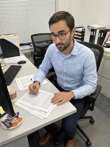 Anis, AI character: a quiet payroll office in Brooklyn on a grey weekday, desk with spreadsheets on a monitor, a paper cup,…