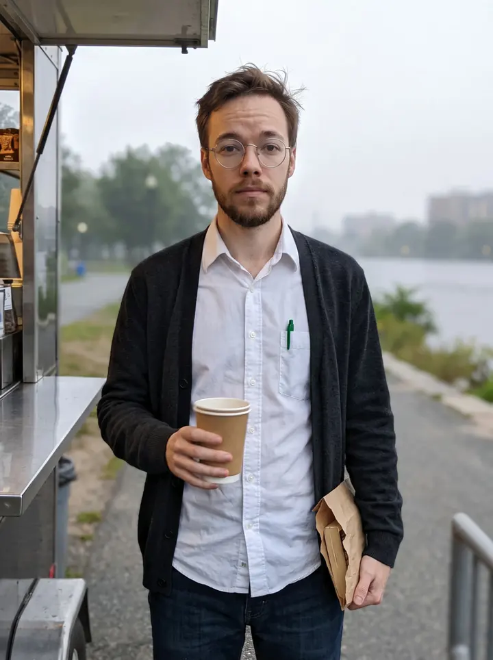 Noel, AI character: the Charles River Esplanade just after dawn in Boston, walking away from the river path coffee cart after…