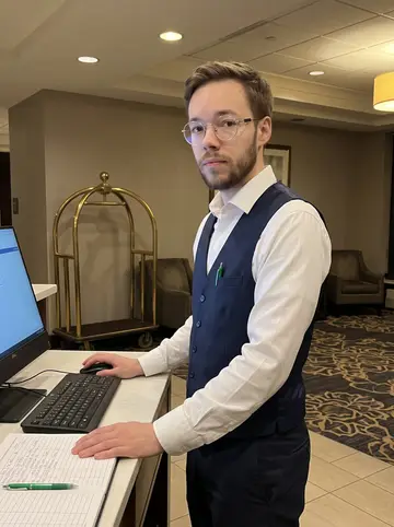 Noel, AI character: the quiet lobby desk of a Boston hotel at 3am, brass luggage carts and a dim seating area behind him