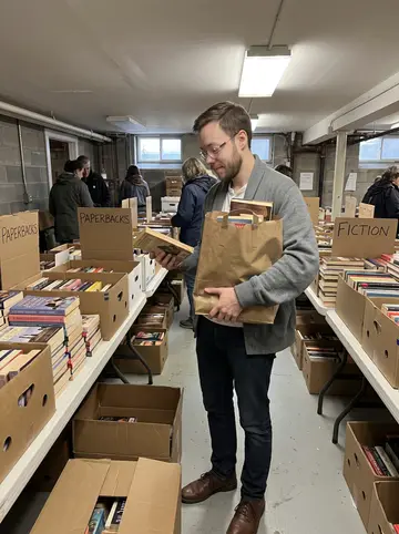 Noel, AI character: a neighborhood library basement sale in Boston, folding tables stacked with old romance paperbacks and…