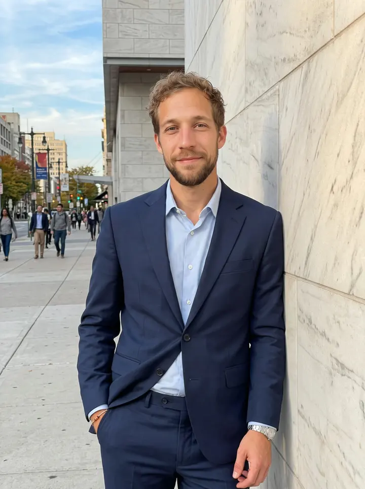 Dustin, AI character: outside the Kimmel Center in Philadelphia before a hospital donor reception, leaning against a stone wall…