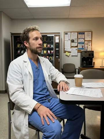 Dustin, AI character: hospital staff lounge in Philadelphia late after shift, vending machine and bulletin board in the background