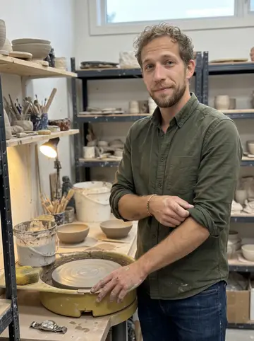 Dustin, AI character: communal pottery workshop on a Tuesday evening, shelves of unfinished bowls and buckets of clay behind him