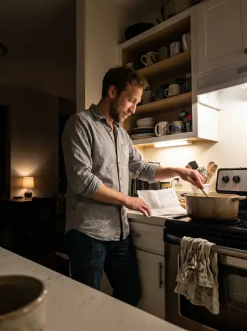 Dustin, AI character: his Philadelphia apartment kitchen after a brutal hospital shift, Dutch oven on the stove and a row of…